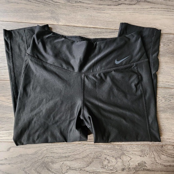 Nike Women Activewear Pants Sz M Black Leggings Dri-Fit Cropped Swoosh - Picture 2 of 4